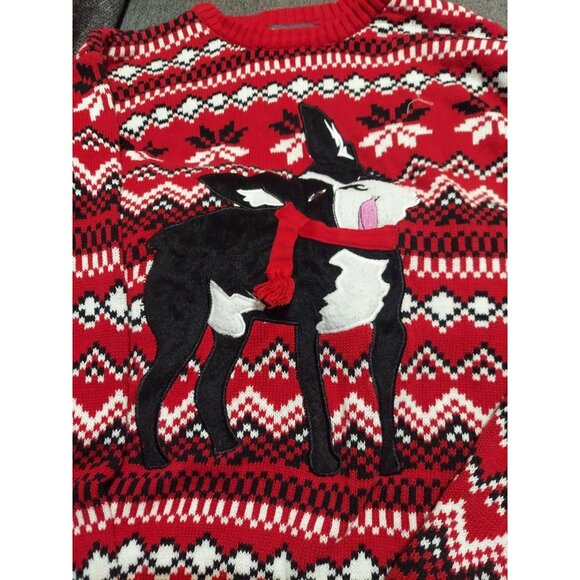 33 Degrees Boston Terrier Dog Sweater Mens XL Red Black Print Christmas Holiday - Picture 2 of 9